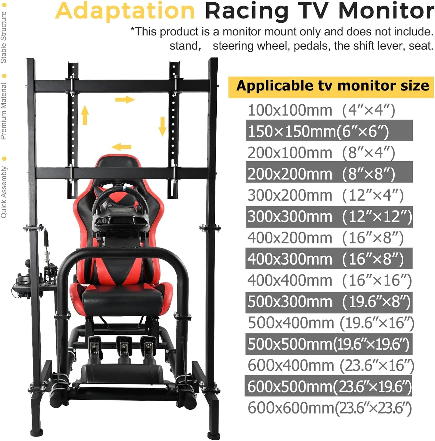 Marada Racing Sim Monitor Frame Suitable for Dardoo, Supllueer Stand Support Screens from 24 to 60 inches Stable & Height Position Adjustable Racing TV Mount for TV and PC Monitors Loading 110 lbs