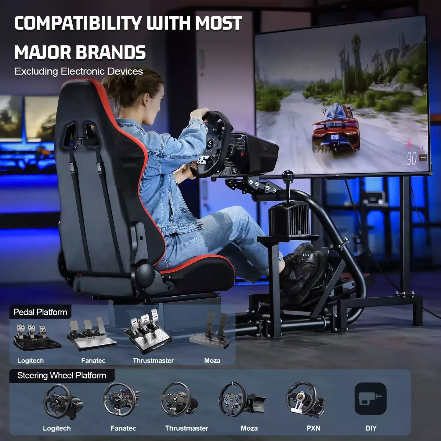 Marada Racing Cockpit with TV Stand & Red Seat Fit for G923 G920 T500,FANTEC,T3PA/TGT Stable & Strong Wheel and Pedals Not Included