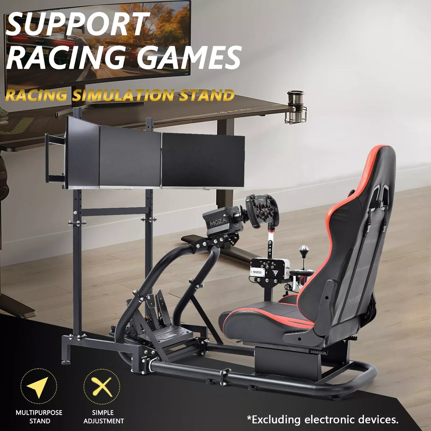Marada Racing Sim Cockpit with Seat & Triple Monitor Stand Fit for Logitech G29