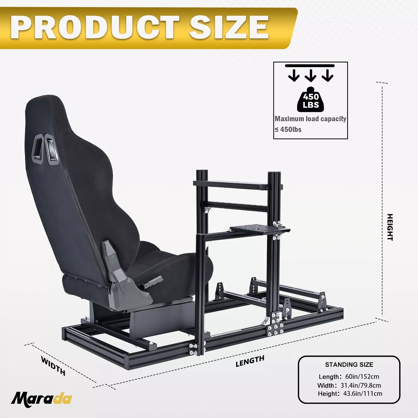 Marada Racing Sim Cockpit with Black Seat Aluminium Racing Stand for Logitech