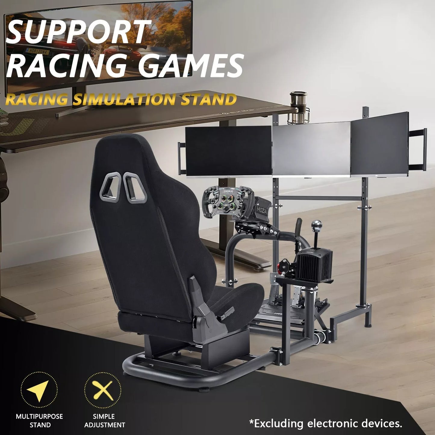 Marada Racing Simulator Cockpit with Triple Monitor TV Stand & Black Seat Fit Logitech
