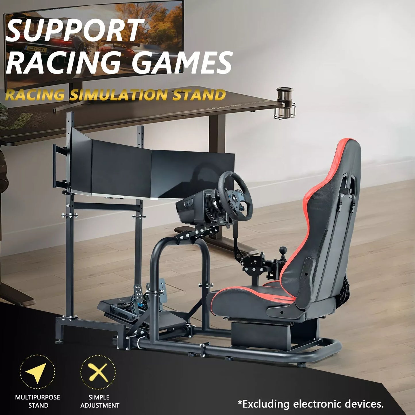 Marada Racing Simulator Cockpit with Triple Monitor Stand & Red Seat Fit LogitechG29