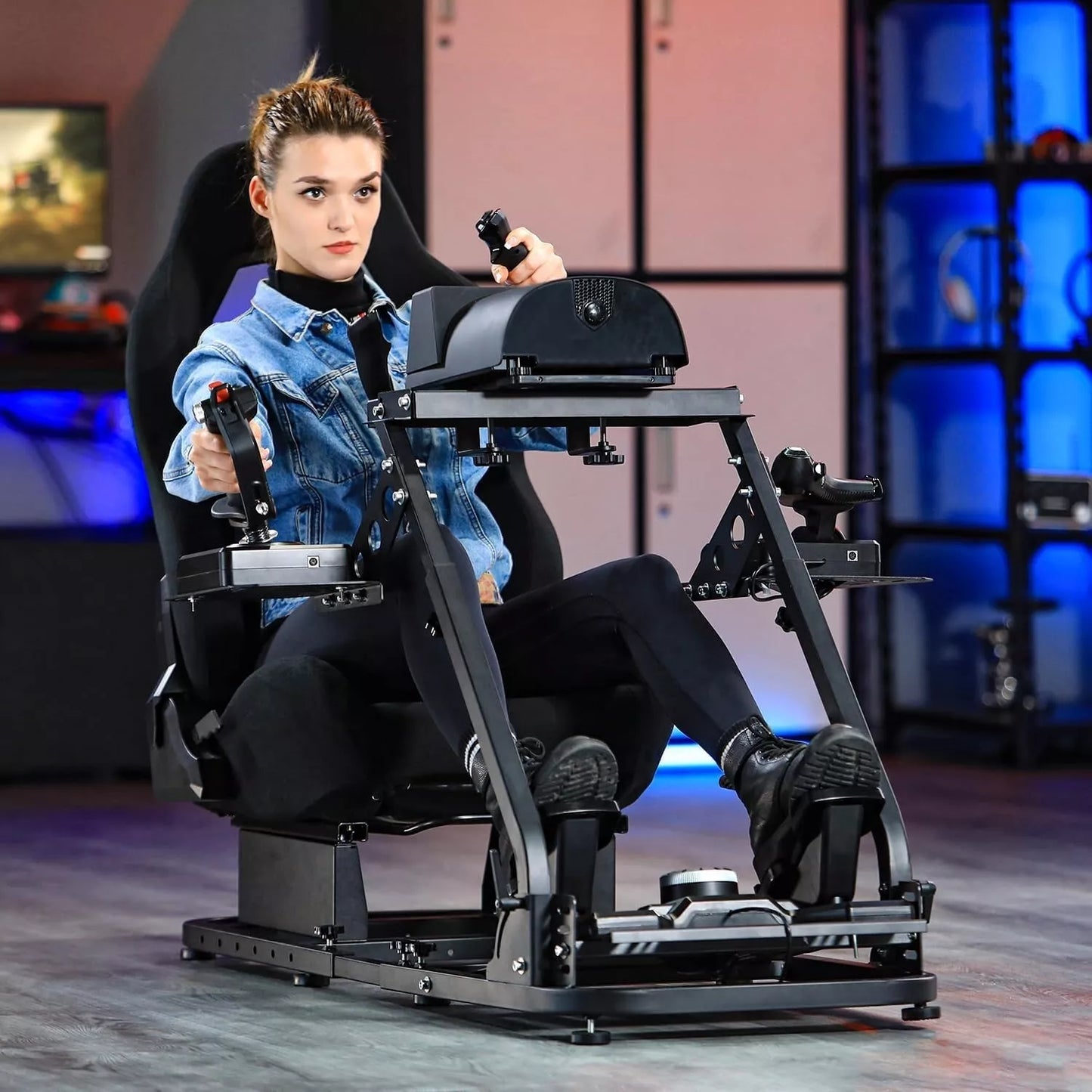 Marada Foldable Flight Racing Sim Cockpit Dual Platform Compatible with Thrustmaster, PXN, Logitech G29, G920, X52, X56 Adjustable Gaming Simulator Stand Throttle & Joystick & Keyboard Not Included