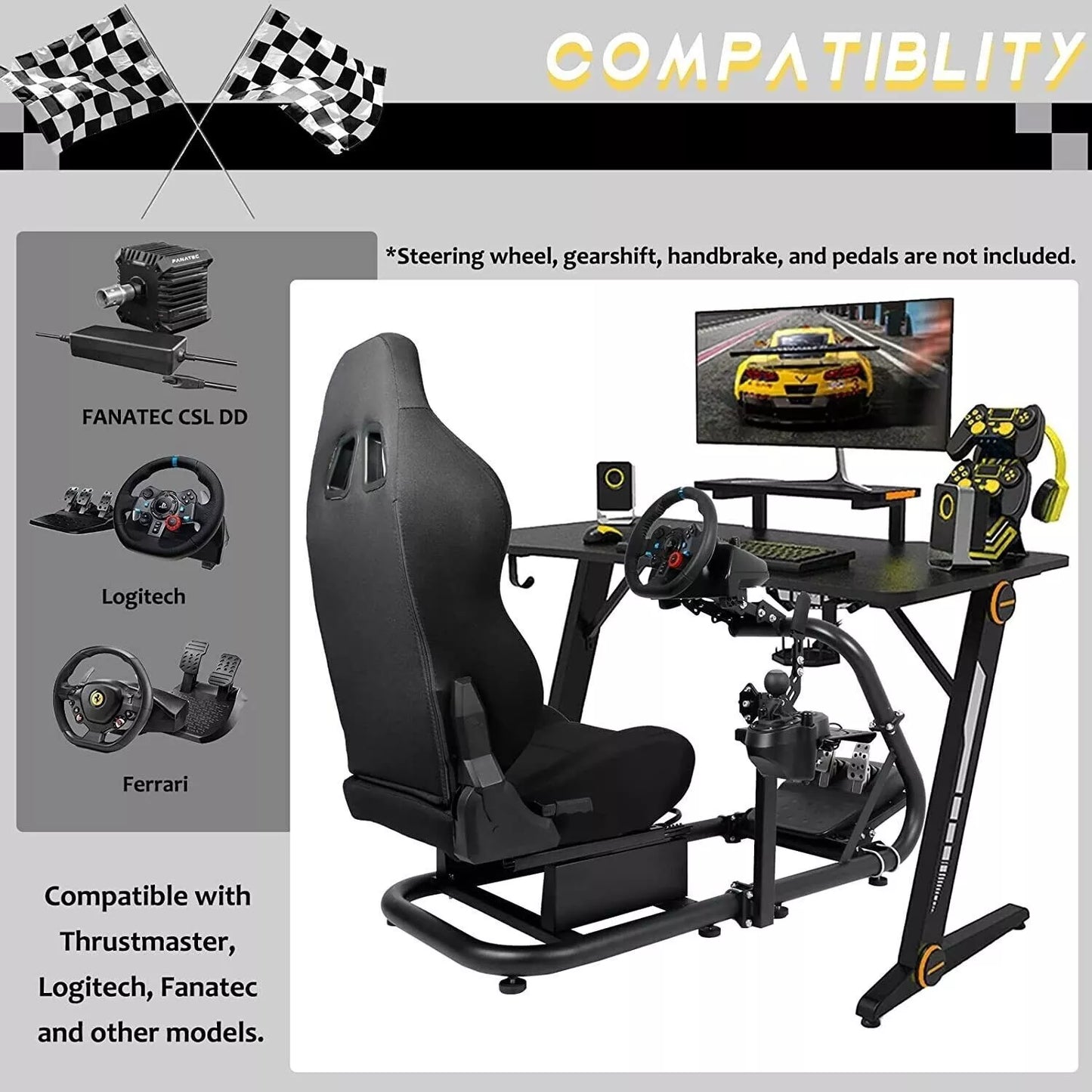 Marada Simulator Racing Wheel Stand (Cockpit 56) Adjustable Fit for |Logitech G25 G27 G29 G920 |Thrustmaster T80 T150 | Fanatec with Black Racing Seat Wheel, Pedals,and Shifter Not Include