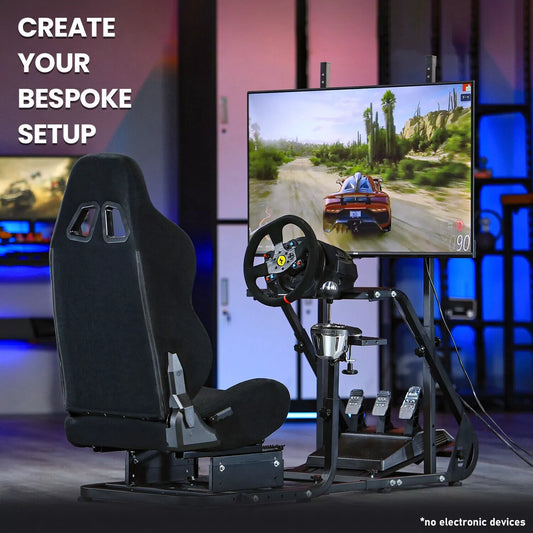 Marada Racing Cockpit Frame with TV Stand, Gear Mount, Black Seat Compatible with G923, G920, T500, FANTEC,T3PA, TGT Height Adjustable Wheel and Pedals Not Included Racing Cockpit Full Kit