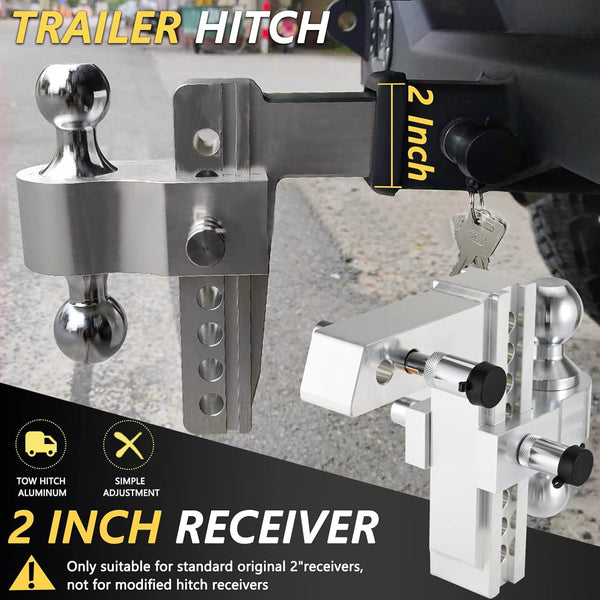 Marada Adjustable Trailer Hitch, 8-Inch Drop/Rise Hitch, Fits for 2" Receiver, Aluminum Tow Hitch, 2 and 2-5/16" Alloy Steel Chrome Plated Tow Balls| 12,500LBS GTW with 2 Stainless Steel Locks