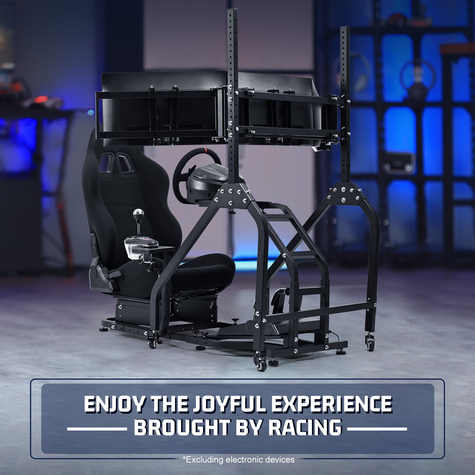 Marada Adjustable Racing Sim Cockpit with Triple Monitor Stand & Black Ergonomic Seat Fits Logitech/Thrustmaster No Electronics