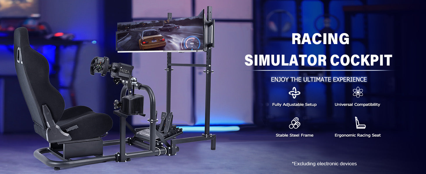 Marada Racing Simulator Cockpit with Triple Monitor Stand & Black Seat