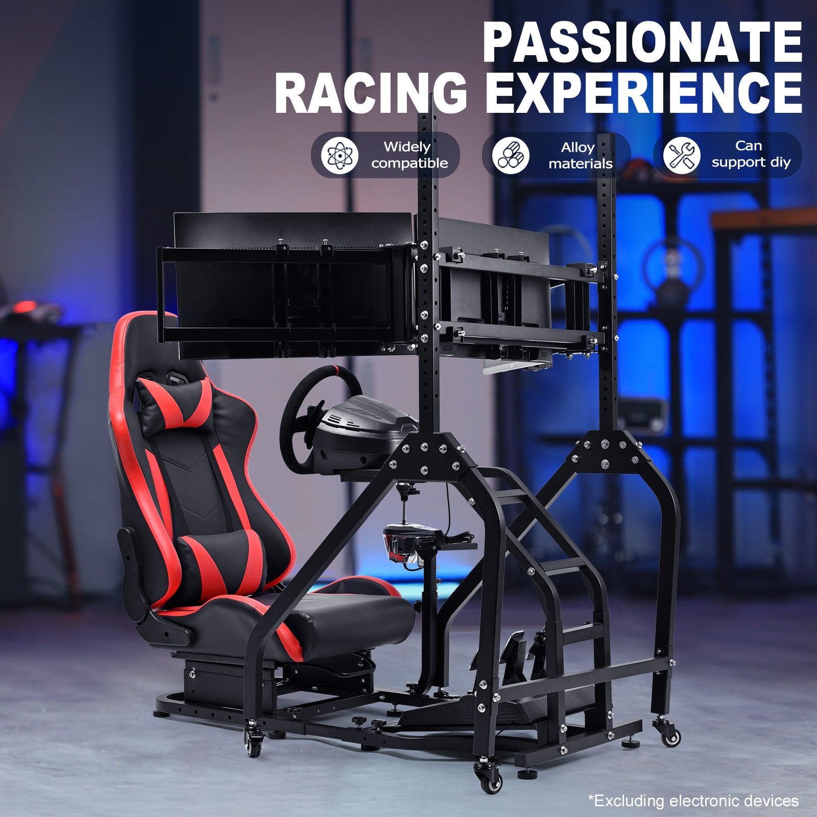Marada Racing Cockpit Triple Monitor Stand & Red Seat Compatible with Logitech/Thrustmaster Wheels No Electronic Equipment Included