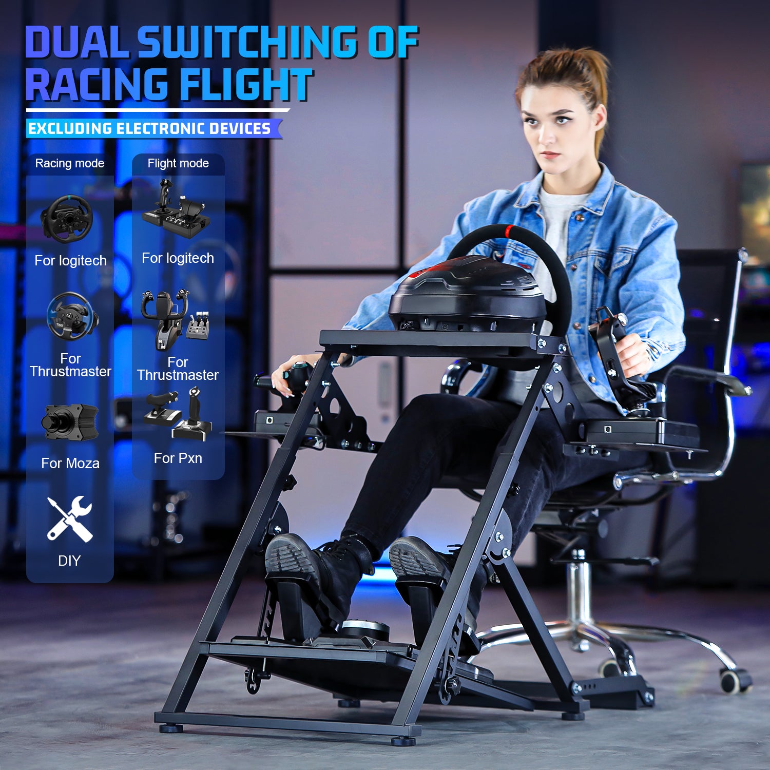 Marada Foldable Racing Wheel Stand Flight Sim Cockpit Compatible with Logitech, Thrustmaster and PXN Gaming Devices Adjustable X-Shape Simulator Mount Electronic Device Not Included