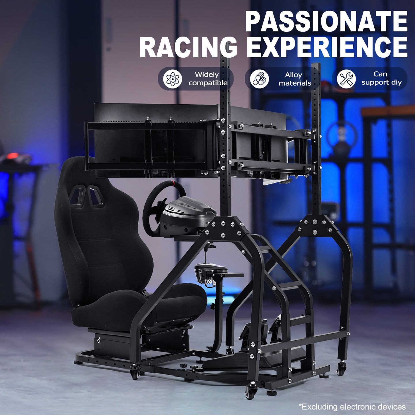 Marada Adjustable Racing Sim Cockpit with Triple Monitor Stand & Black Ergonomic Seat Fits Logitech/Thrustmaster No Electronics