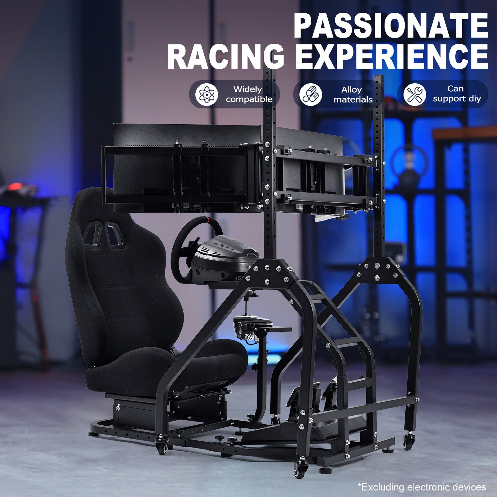 Marada Adjustable Racing Sim Cockpit with Triple Monitor Stand & Black Ergonomic Seat Fits Logitech/Thrustmaster No Electronics