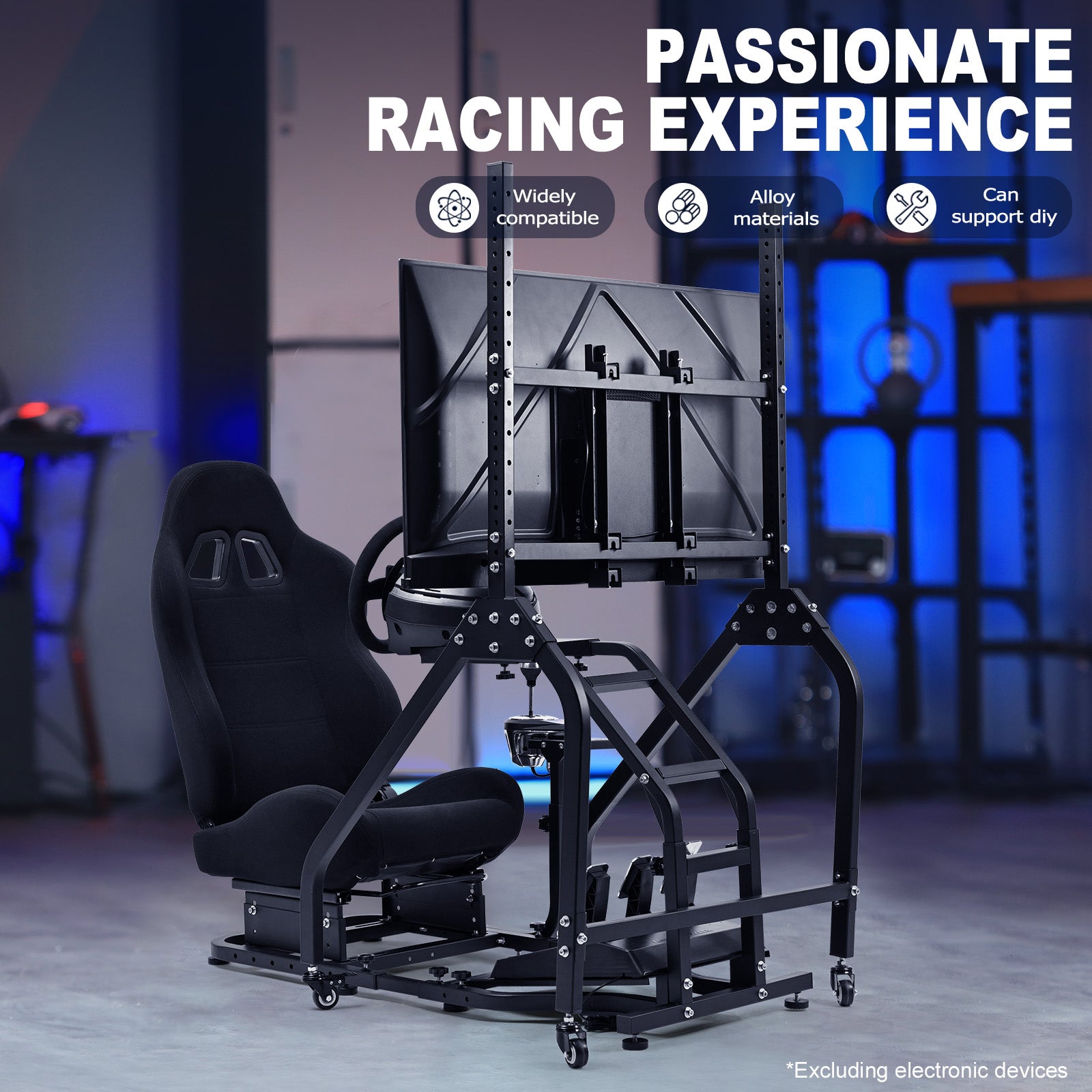 Marada Racing Sim Cockpit with Black Seat & Single Monitor Mount works with Logitech Thrustmaster electronics not included
