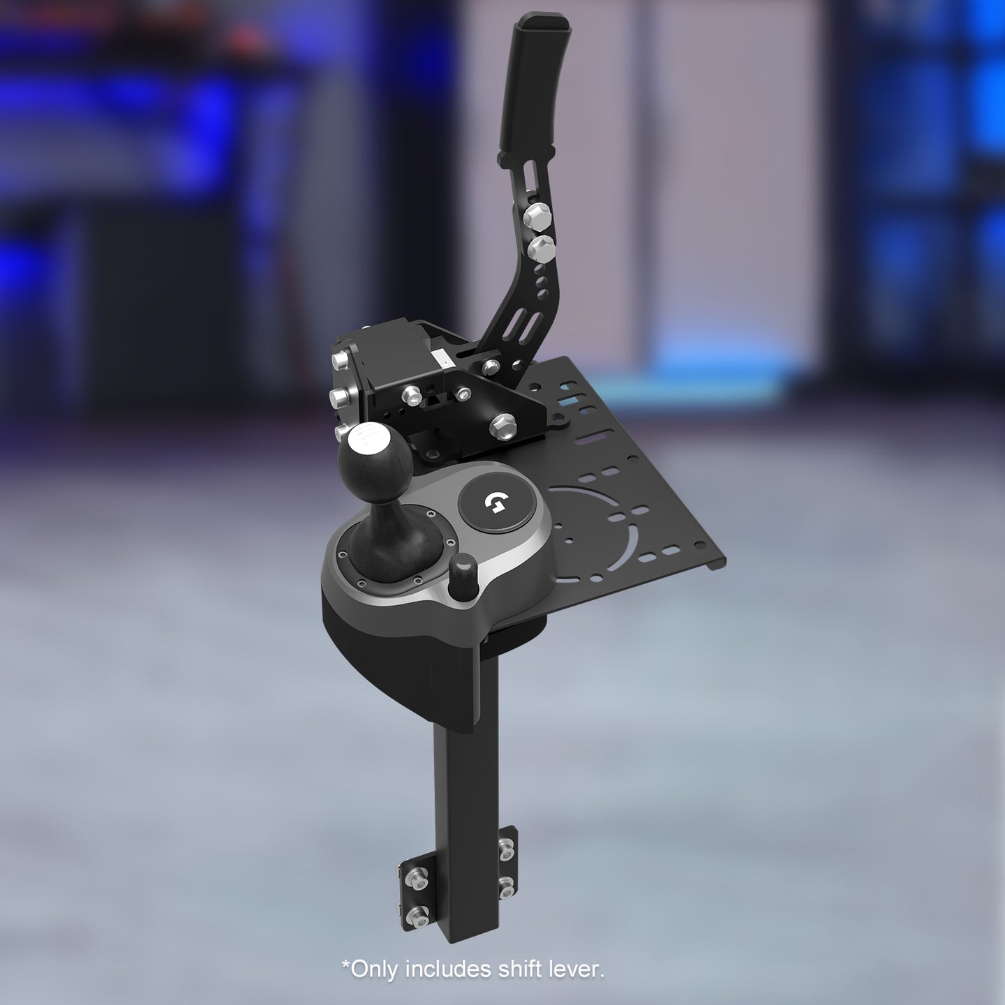 Adjustable gearshift platform accessory for the 4080 Aluminum Alloy Racing Simulator Cockpit features a handbrake gearshift lever bracket with front-to-back and left-to-right sliding micro-adjustment