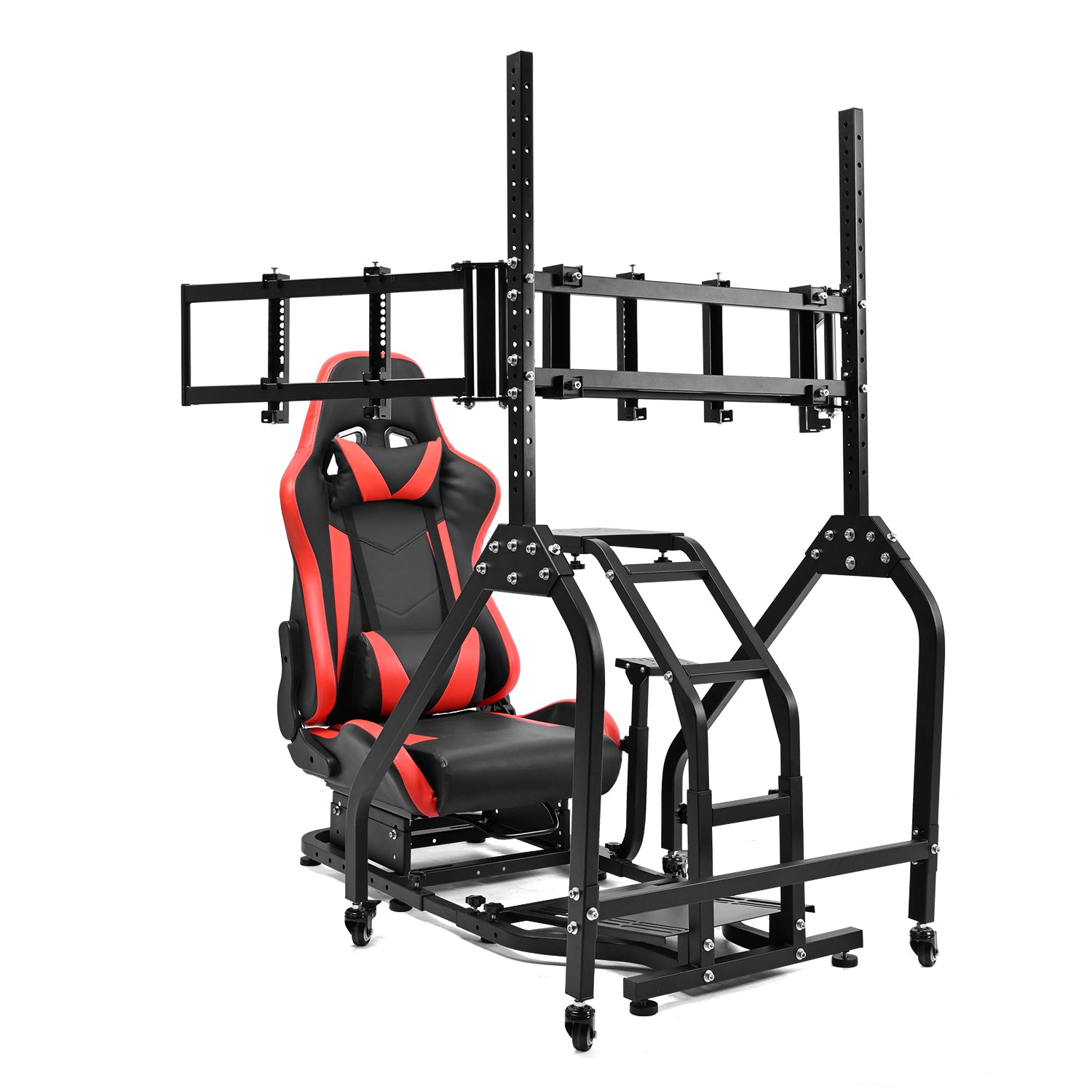 Marada Racing Cockpit Triple Monitor Stand & Red Seat Compatible with Logitech/Thrustmaster Wheels No Electronic Equipment Included