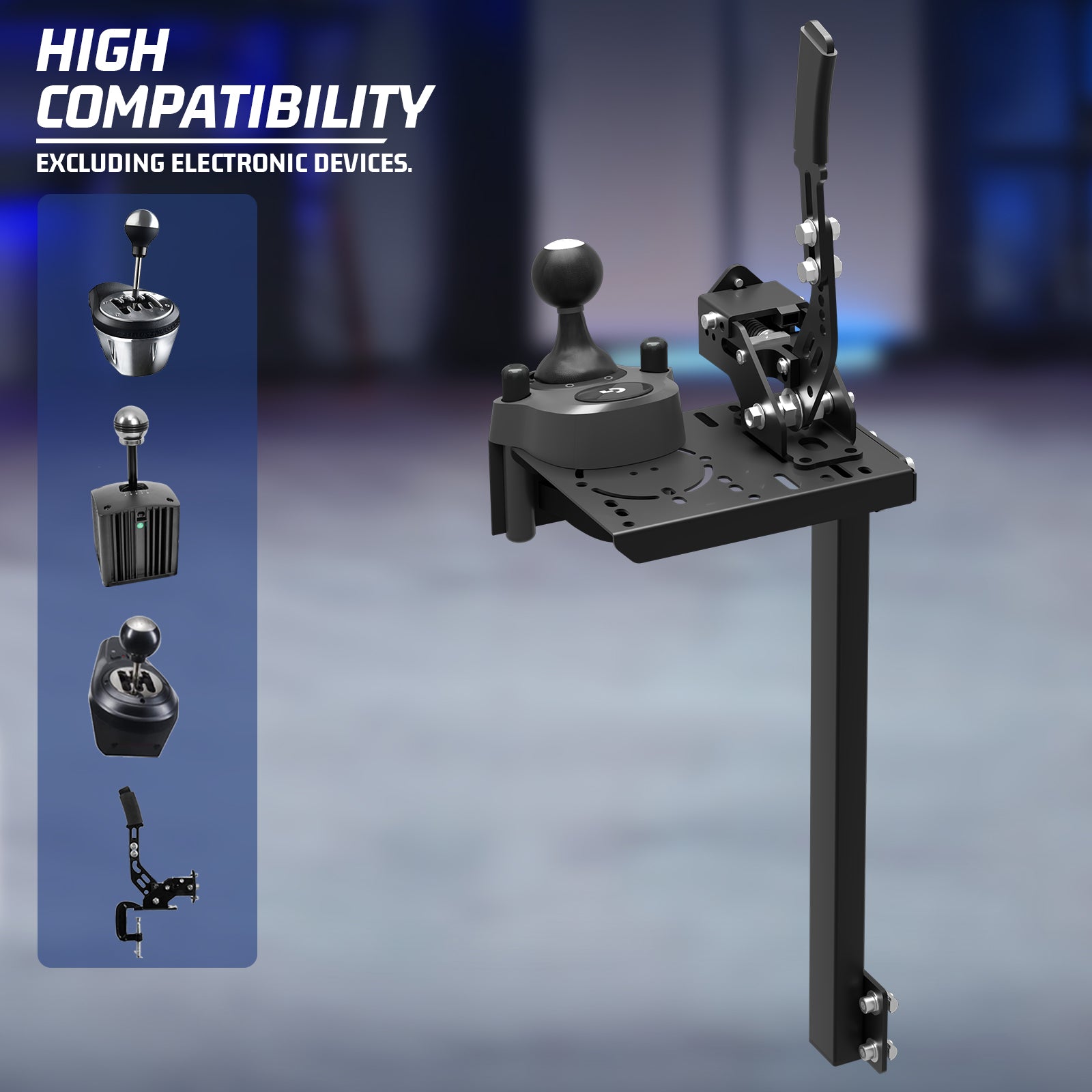 Adjustable gearshift platform accessory for the 4080 Aluminum Alloy Racing Simulator Cockpit features a handbrake gearshift lever bracket with front-to-back and left-to-right sliding micro-adjustment