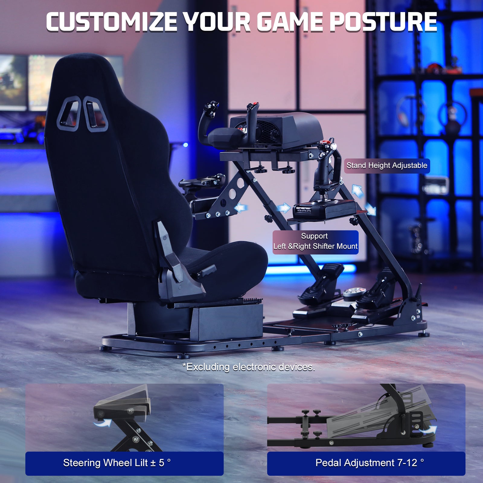 Marada Flight Sim Cockpit with Black Seat and Racing Wheel Stand for Driving and Flight Simulator Fit for HOTAS Warthog, Thrustmaster,Logitech Adjustable |Throttle,Joystick,Keyboard not Included|