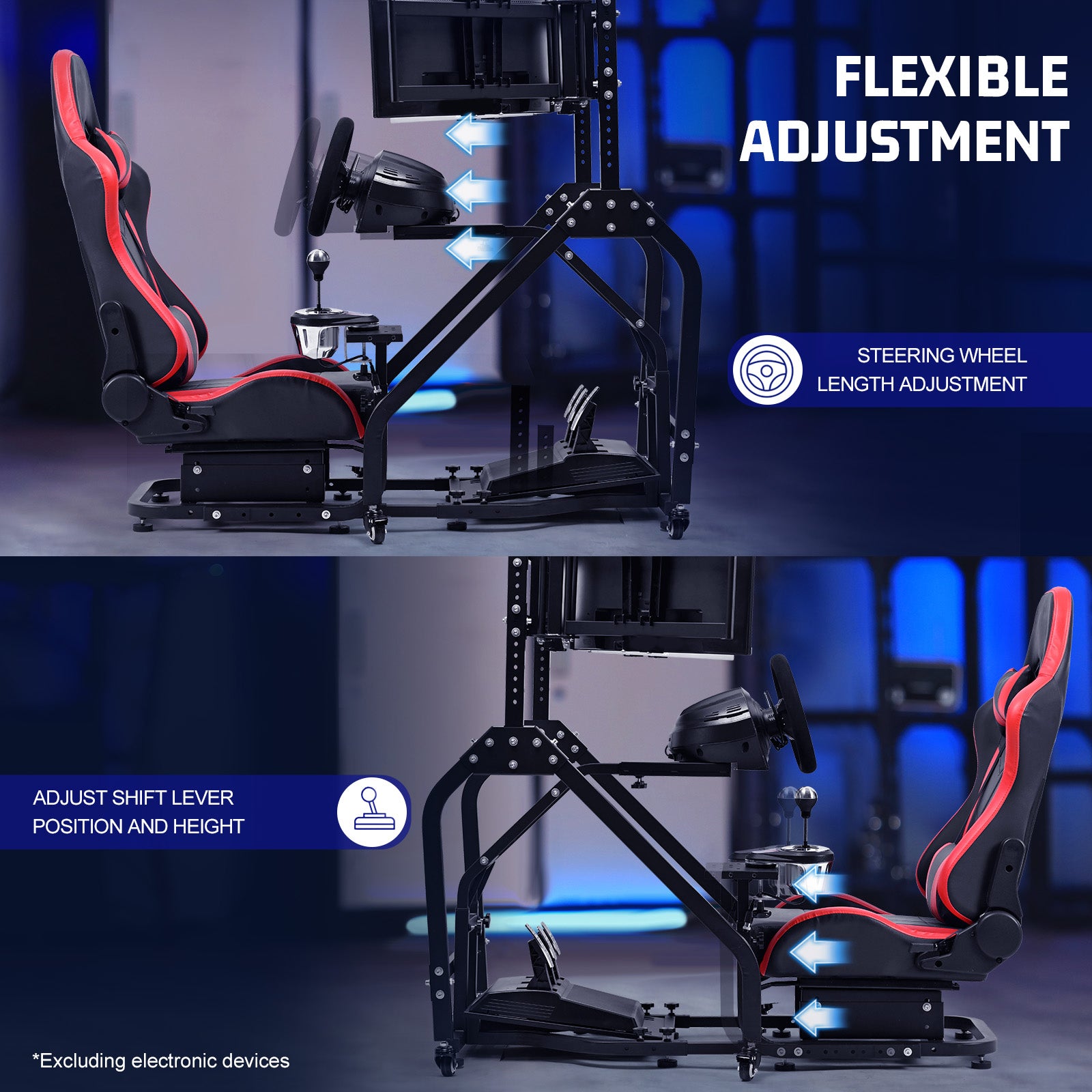 Marada Racing Cockpit Triple Monitor Stand & Red Seat Compatible with Logitech/Thrustmaster Wheels No Electronic Equipment Included