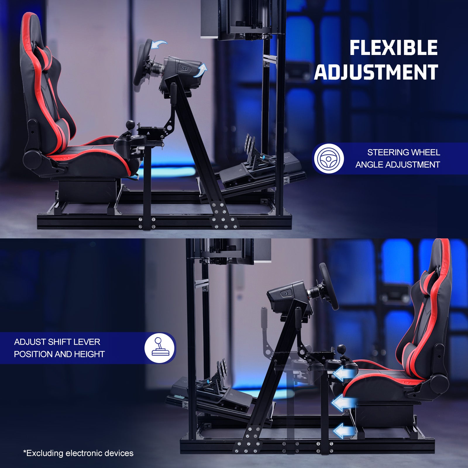 Marada 8040 Aluminum Racing Sim Cockpit with Triple Monitor Stand & Red Gaming Seat, Compatible with Logitech, Thrustmaster, Fanatec, Moza Wheels