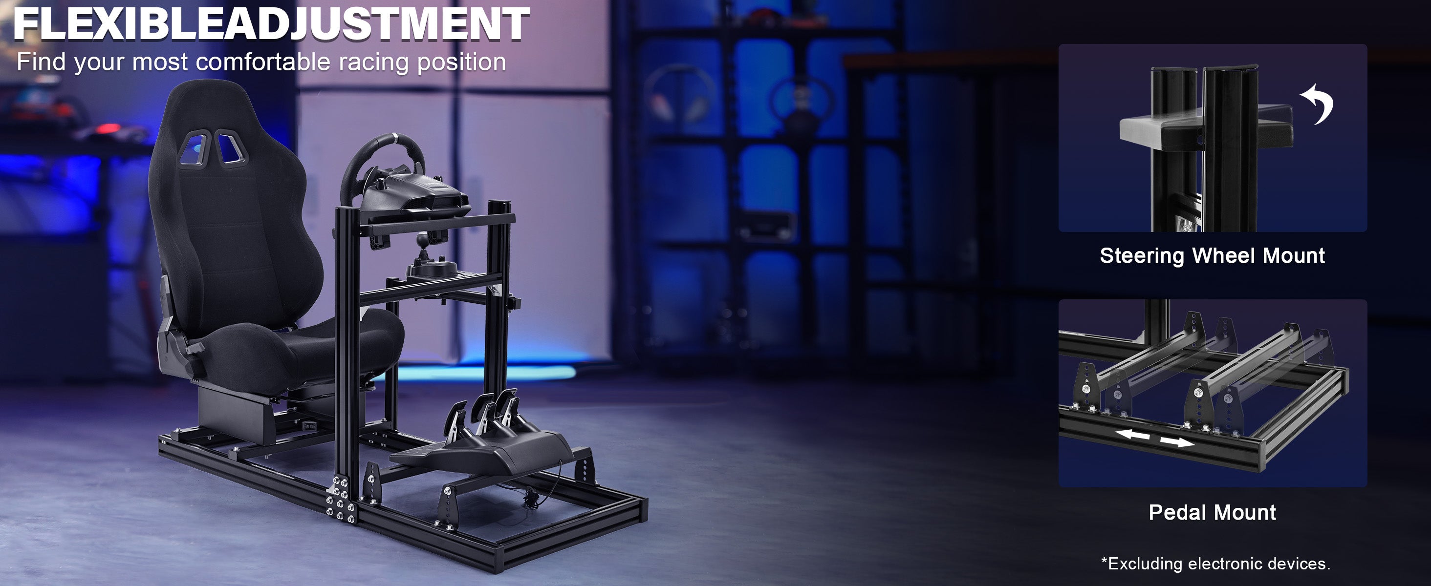 Marada Racing Sim Cockpit 3060 Aluminum Racing Stand with Black Seat C