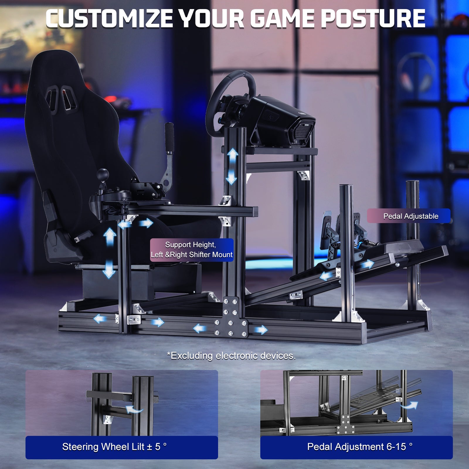 Marada 4080 Aluminum F1 Racing Cockpit Stand with Black Seat – Full Adjustable Simulator Frame Compatible with Logitech/Thrustmaster/Fanatec (Wheel/Pedals/Shifter Not Included)