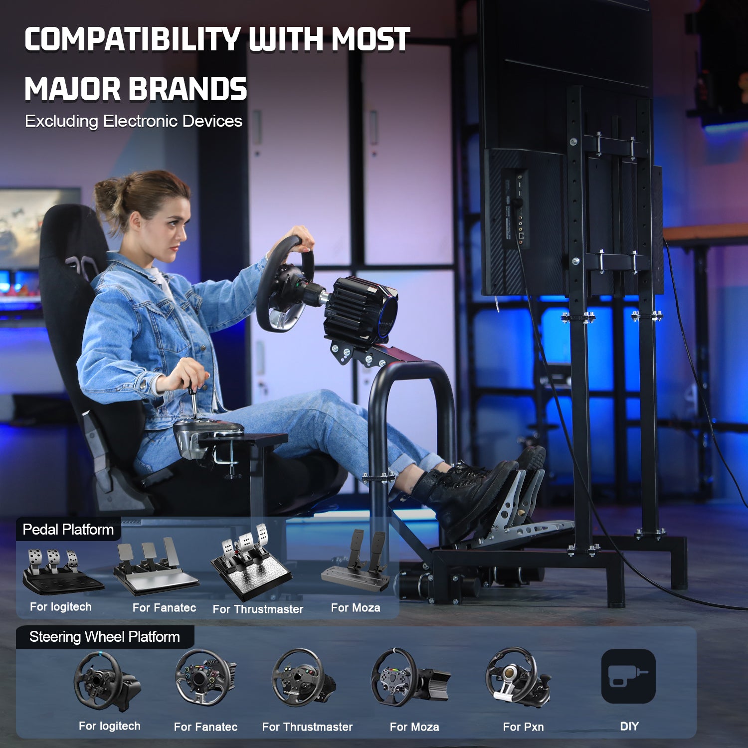 Marada Racing Cockpit with TV Stand & Black Seat Fit for Logitech G923 G920, Thrustmaster, T3PA/TGT, Wheel and Pedal Not Included Driving Simulator Cockpit-55