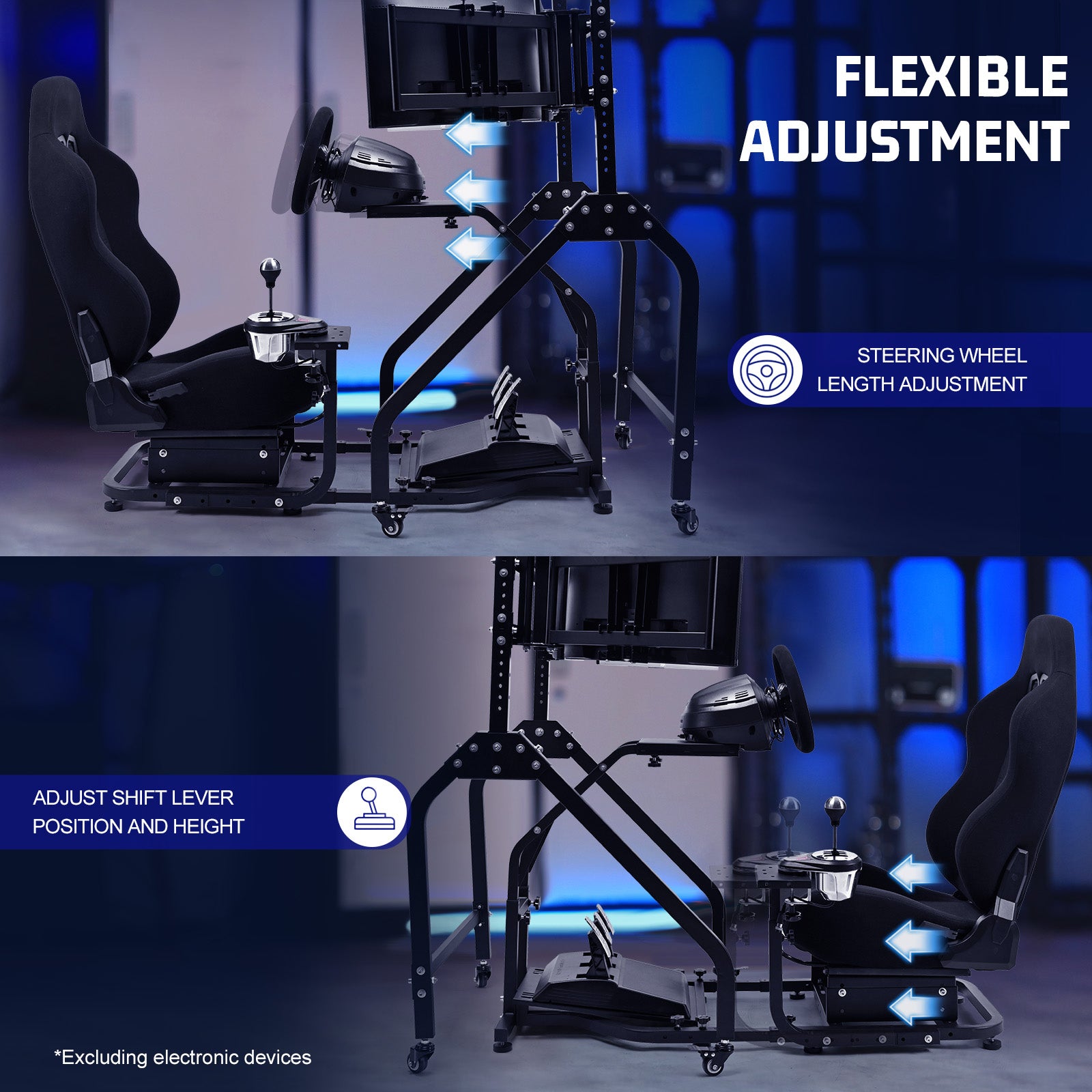 Marada Adjustable Racing Sim Cockpit with Triple Monitor Stand & Black Ergonomic Seat Fits Logitech/Thrustmaster No Electronics