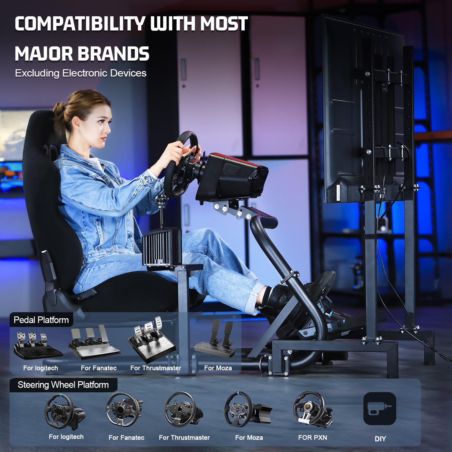 Marada Driving Simulator Cockpit with Monitor Stand & Black Seat Fit for Fantec, Logitech,G923 G920 T500 Wheel and Pedals Not Included