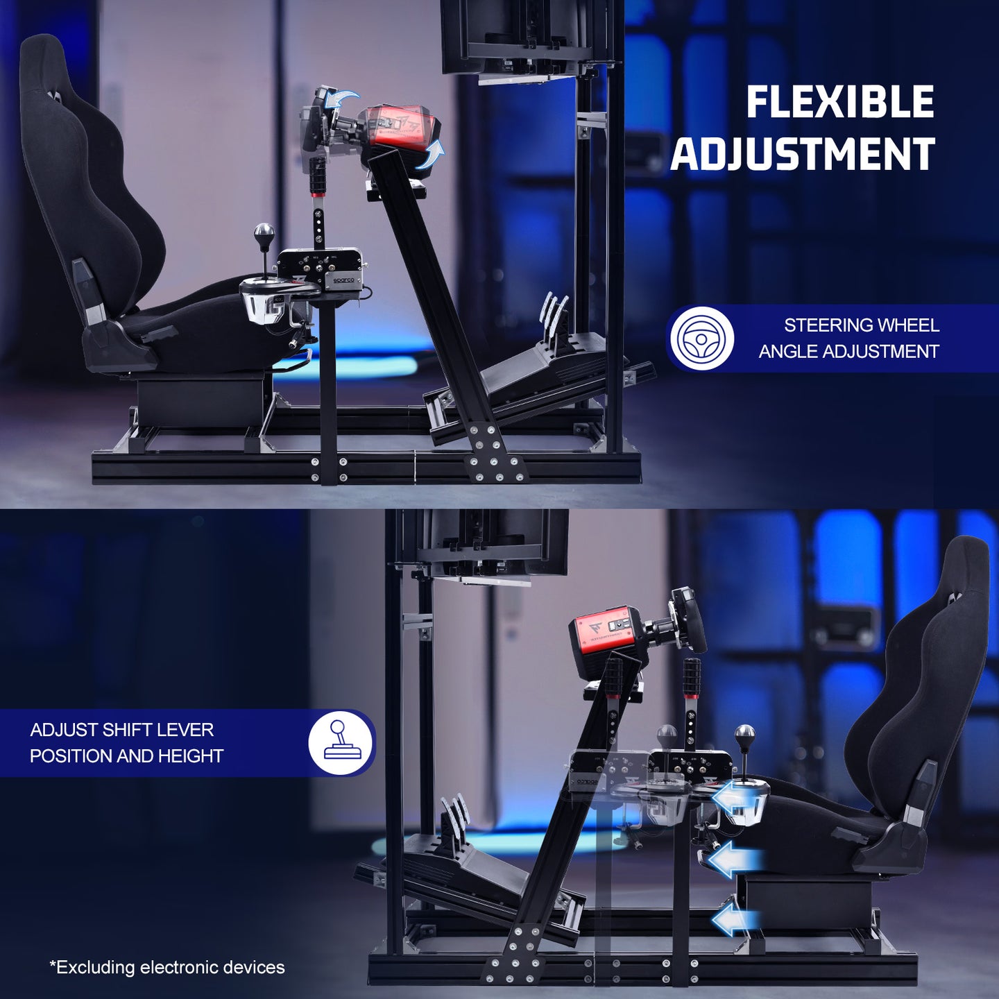 Marada 8040 Triple Screen Sim Rig with Black Racing Seat – Adjustable Cockpit Compatible with Logitech, Thrustmaster, Fanatec & Moza Wheels