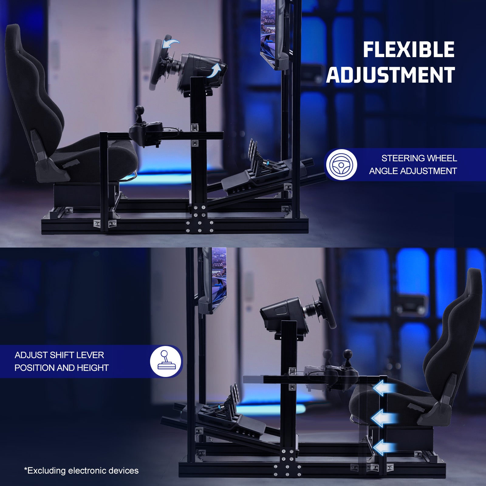 Marada 4080 Adjustable Aluminum Racing Cockpit with Monitor Mount and Black Seat | Compatible with Logitech G29 G920 & Thrustmaster T300