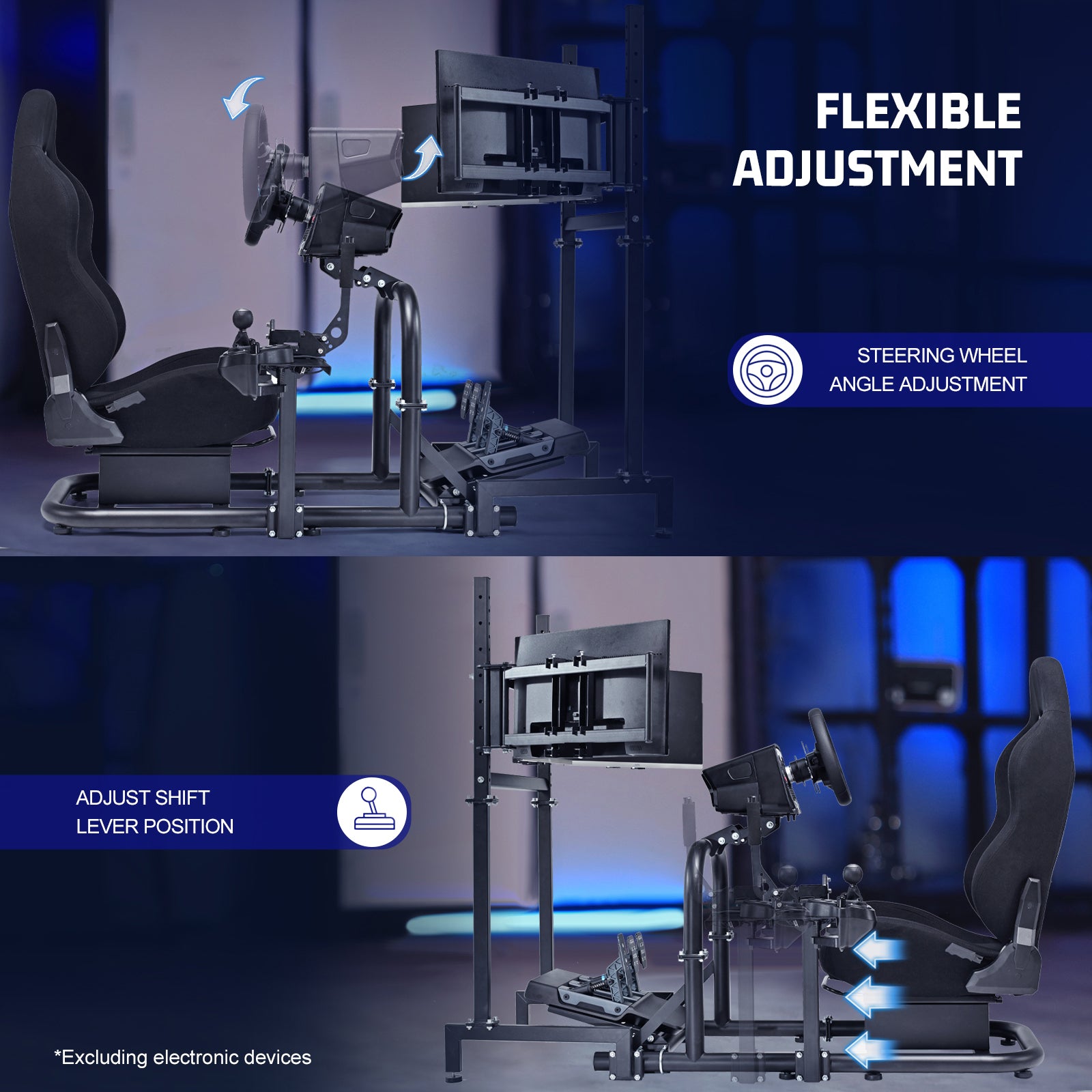 Marada Racing Simulator Cockpit with Triple Monitor Stand & Black Seat Fit forLogitech