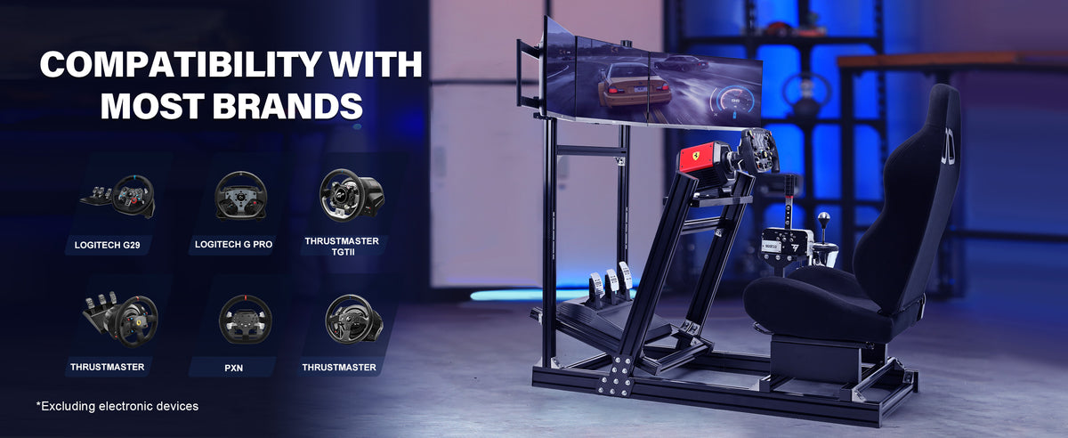Marada Sim Racing Rig Marada 8040 Triple Screen Sim Rig with Black Racing Seat – Adjustable