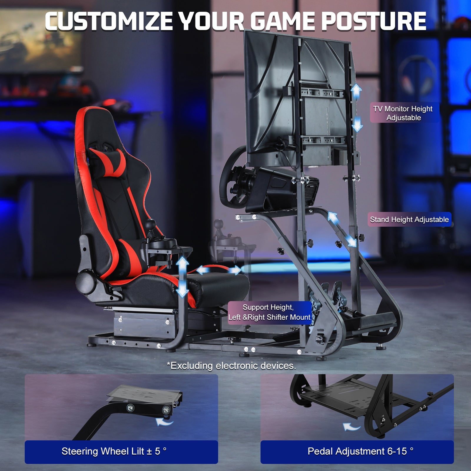 Marada Racing Simulator Cockpit Frame with Monitor Stand, Gear Mount, Red seat Compatible with G923 G920 G29 FANTEC T3PA TGT Height Adjustable Wheel and Pedals Not Included Racing Cockpit Full Kit