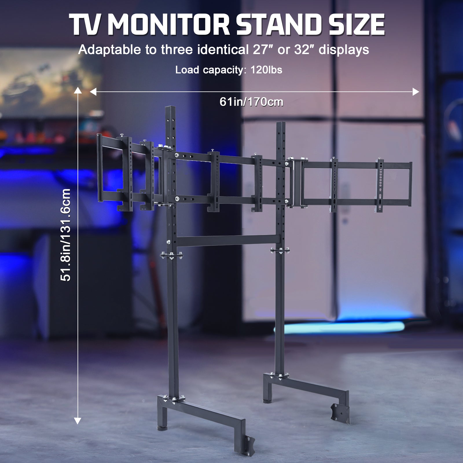 Marada Racing Simulator Triple Monitor Stand Compatible with round tube racing simulator cockpits, supports three screens