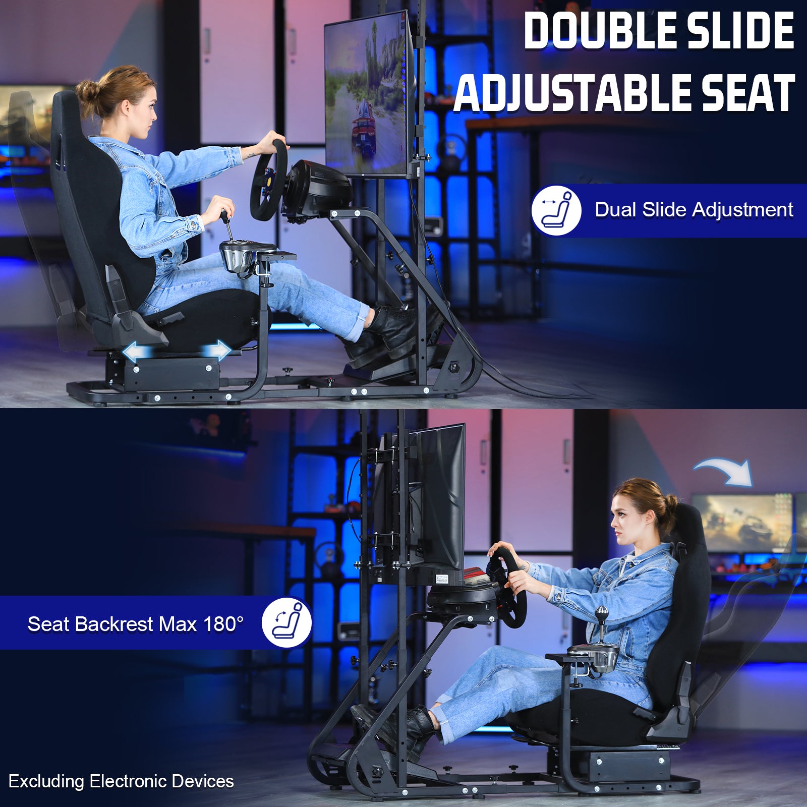 Marada Racing Cockpit Frame with TV Stand, Gear Mount, Black Seat Compatible with G923, G920, T500, FANTEC，T3PA, TGT Height Adjustable Wheel and Pedals Not Included Racing Cockpit Full Kit