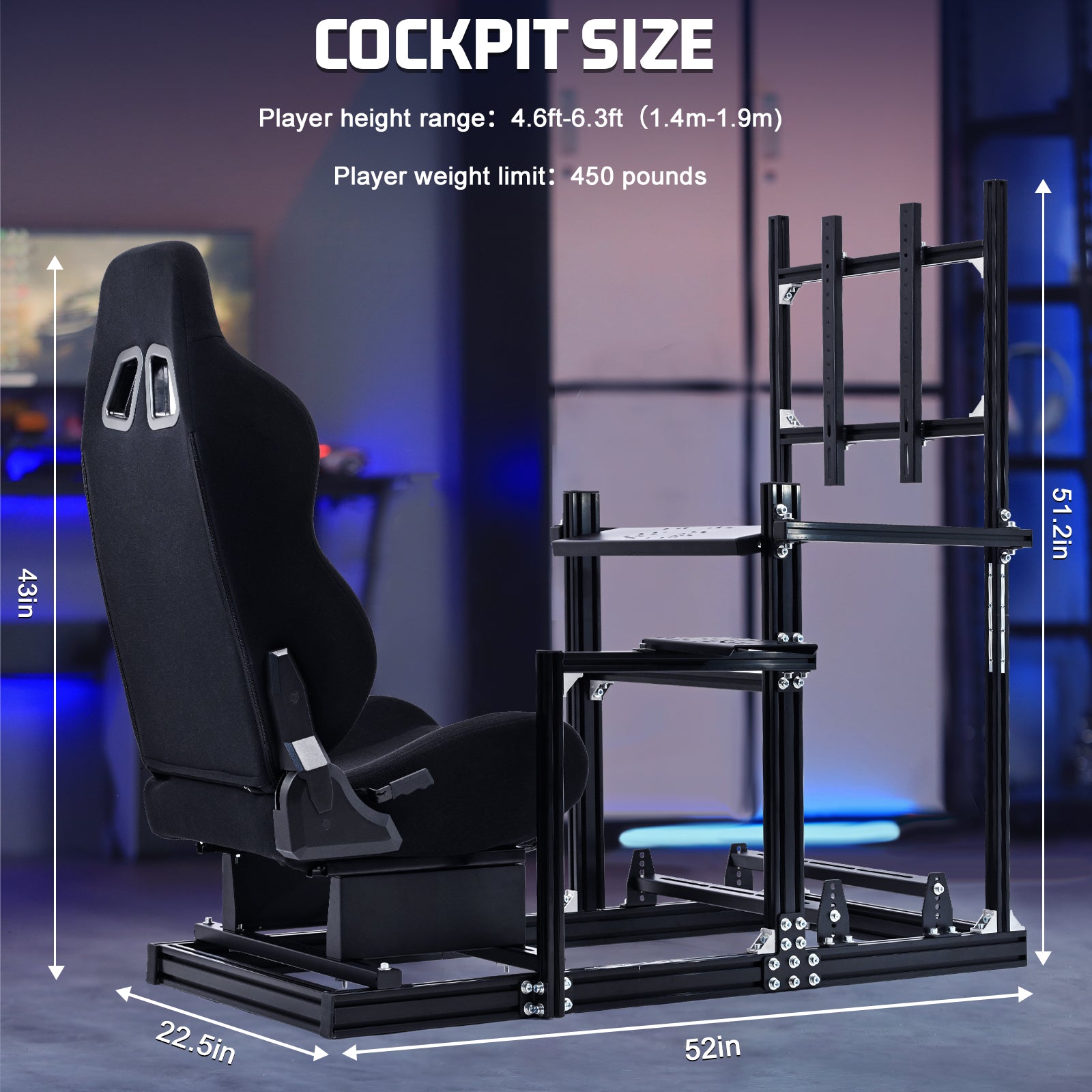 Marada 3060 Aluminum Racing Cockpit with Black PVC Seat and Integrated Display Mount, Compatible with Logitech G29 Series and Other Mainstream Steering Wheels, Includes Cockpit Frame Only - Electronics Not Included