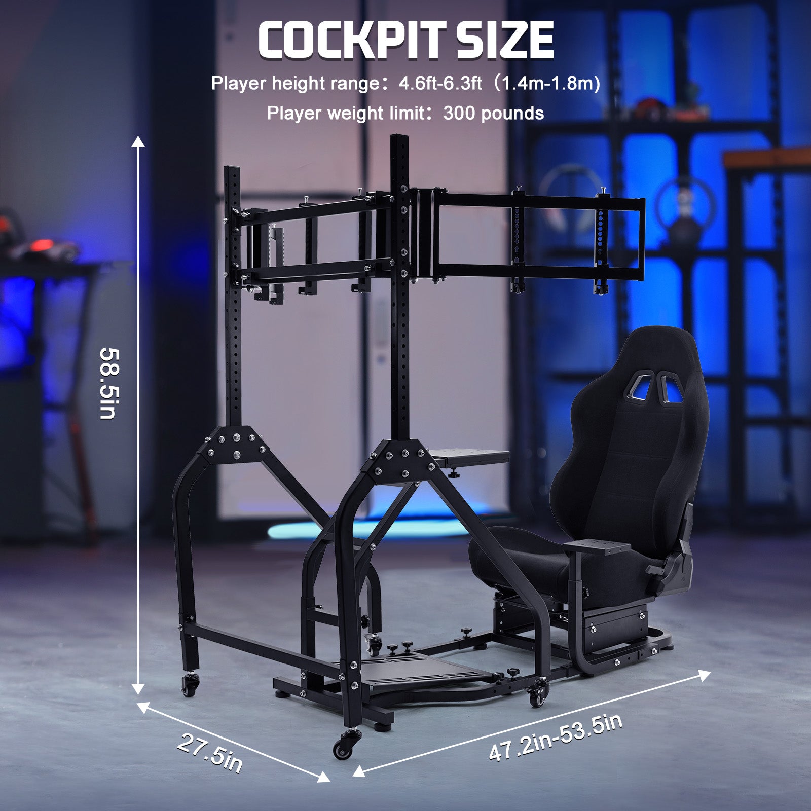 Marada Adjustable Racing Sim Cockpit with Triple Monitor Stand & Black Ergonomic Seat Fits Logitech/Thrustmaster No Electronics