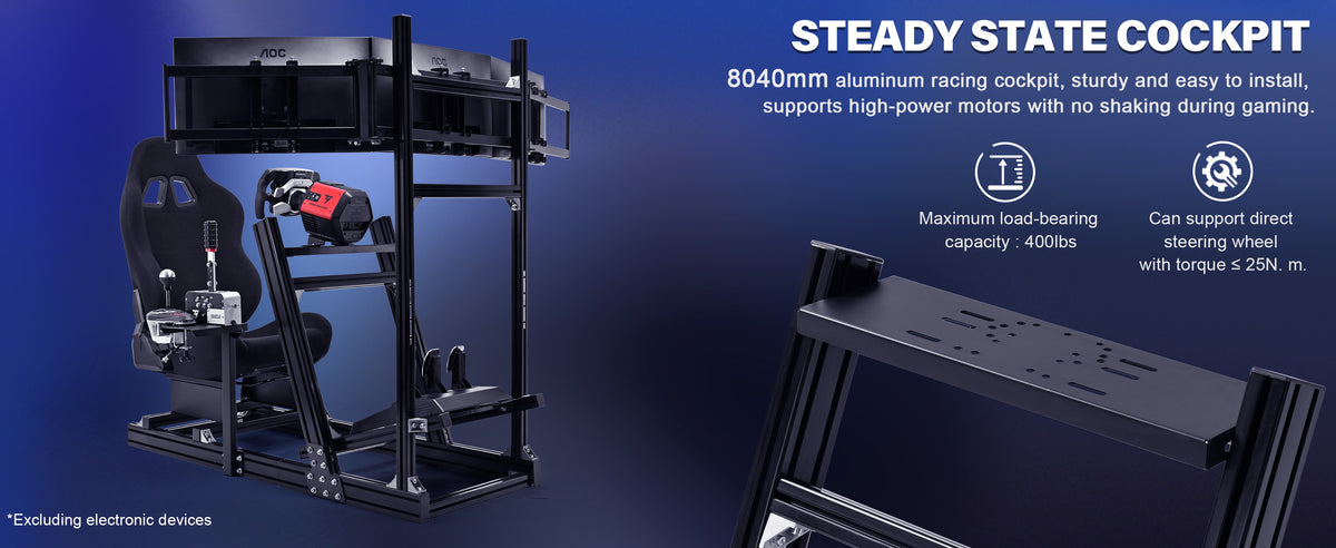 Marada Sim Racing Rig Marada 8040 Triple Screen Sim Rig with Black Racing Seat – Adjustable