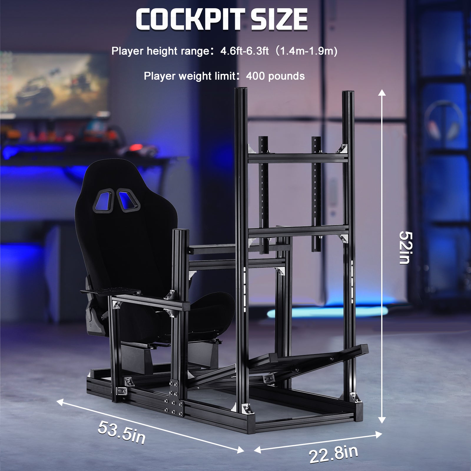 Marada 4080 Adjustable Aluminum Racing Cockpit with Monitor Mount and Black Seat | Compatible with Logitech G29 G920 & Thrustmaster T300