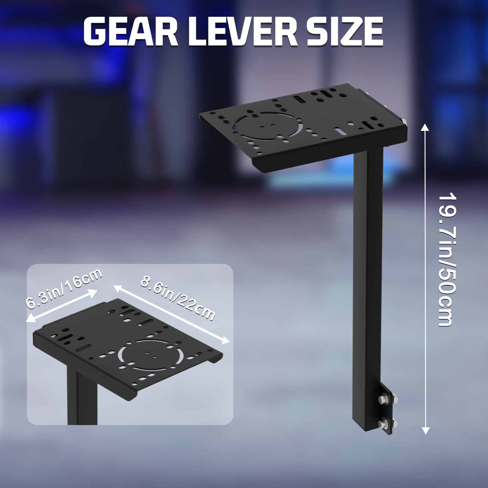 Adjustable gearshift platform accessory for the 4080 Aluminum Alloy Racing Simulator Cockpit features a handbrake gearshift lever bracket with front-to-back and left-to-right sliding micro-adjustment