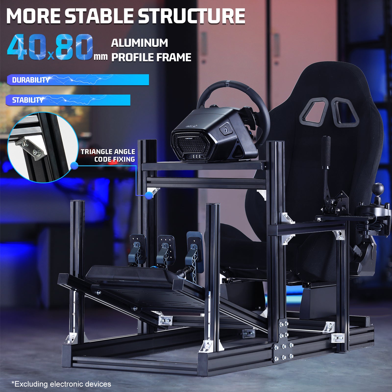 Marada 4080 Aluminum F1 Racing Cockpit Stand with Black Seat – Full Adjustable Simulator Frame Compatible with Logitech/Thrustmaster/Fanatec (Wheel/Pedals/Shifter Not Included)