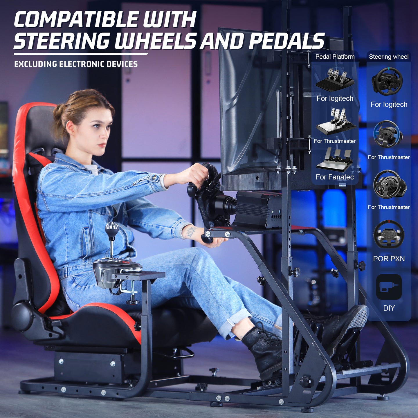 Marada Racing Simulator Cockpit Frame with Monitor Stand, Gear Mount, Red seat Compatible with G923 G920 G29 FANTEC T3PA TGT Height Adjustable Wheel and Pedals Not Included Racing Cockpit Full Kit