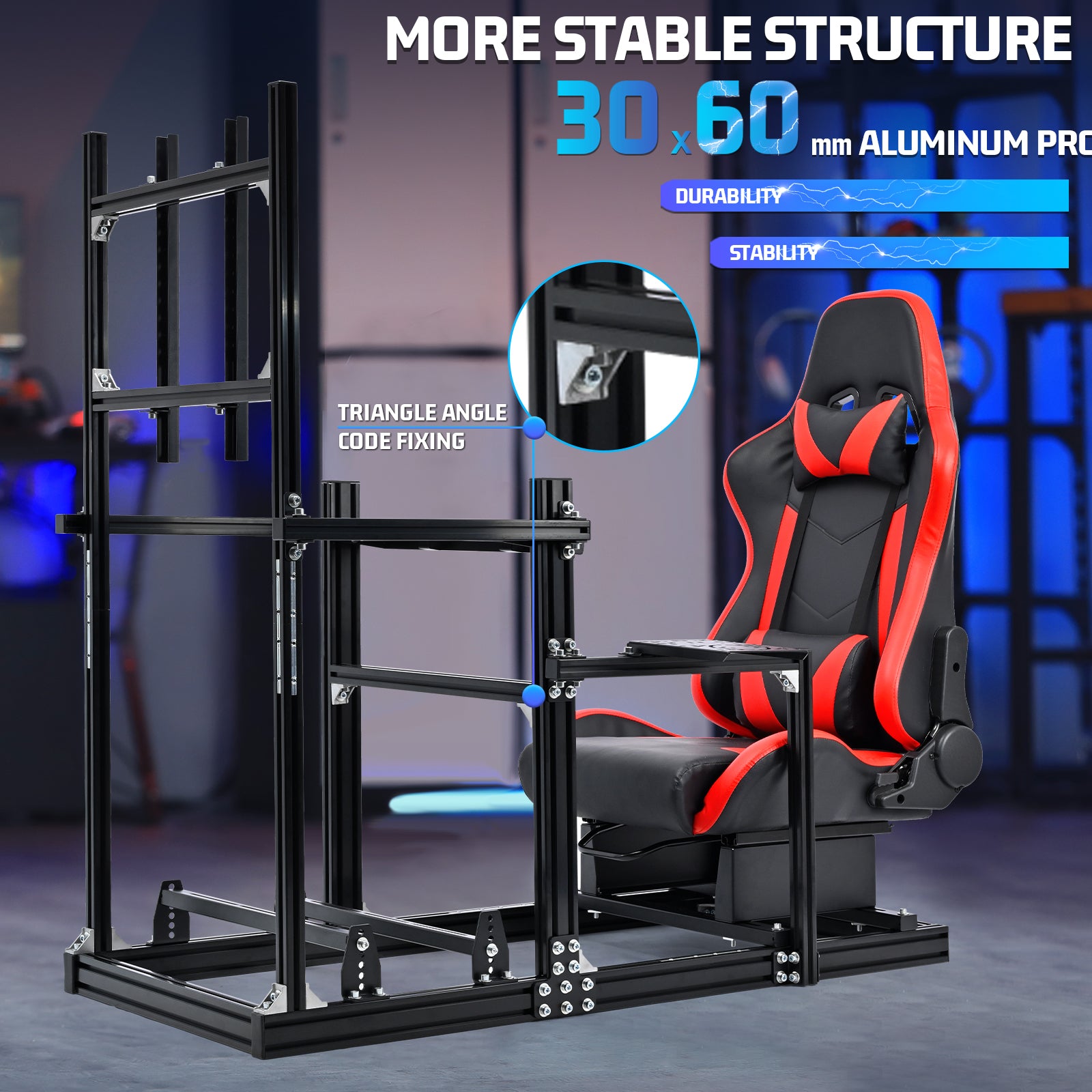 Marada 3060 Aluminum Racing Simulator Cockpit with Red Seat & Monitor Stand, Compatible with Logitech G29/G920/G923, Wheel & Pedals Not Included