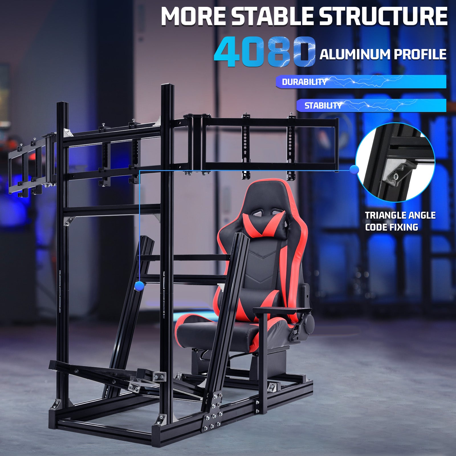 Marada 8040 Aluminum Racing Sim Cockpit with Triple Monitor Stand & Red Gaming Seat, Compatible with Logitech, Thrustmaster, Fanatec, Moza Wheels