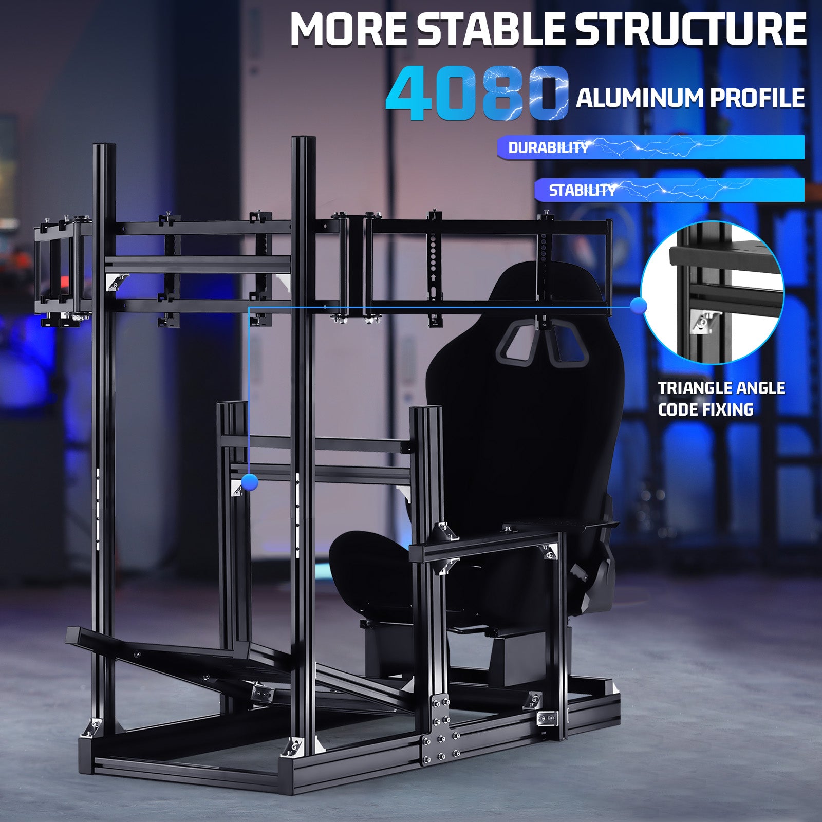 Marada 4080 Aluminum Simulator Cockpit,Adjustable Black Seat, Triple Monitor Mount, Compatible with Major Steering Wheels