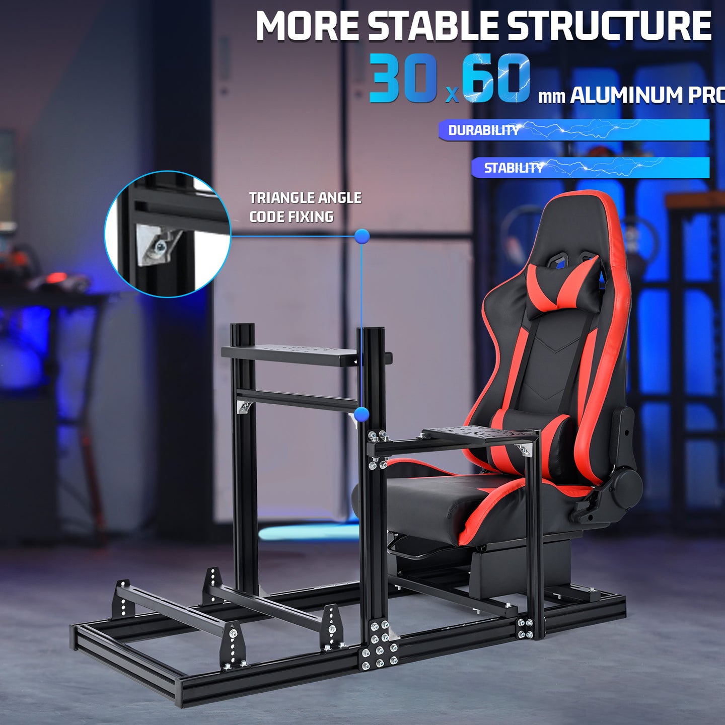 Marada Adjustable 3060 Aluminum Racing Sim Cockpit with Red Seat Compatible with Logitech G920