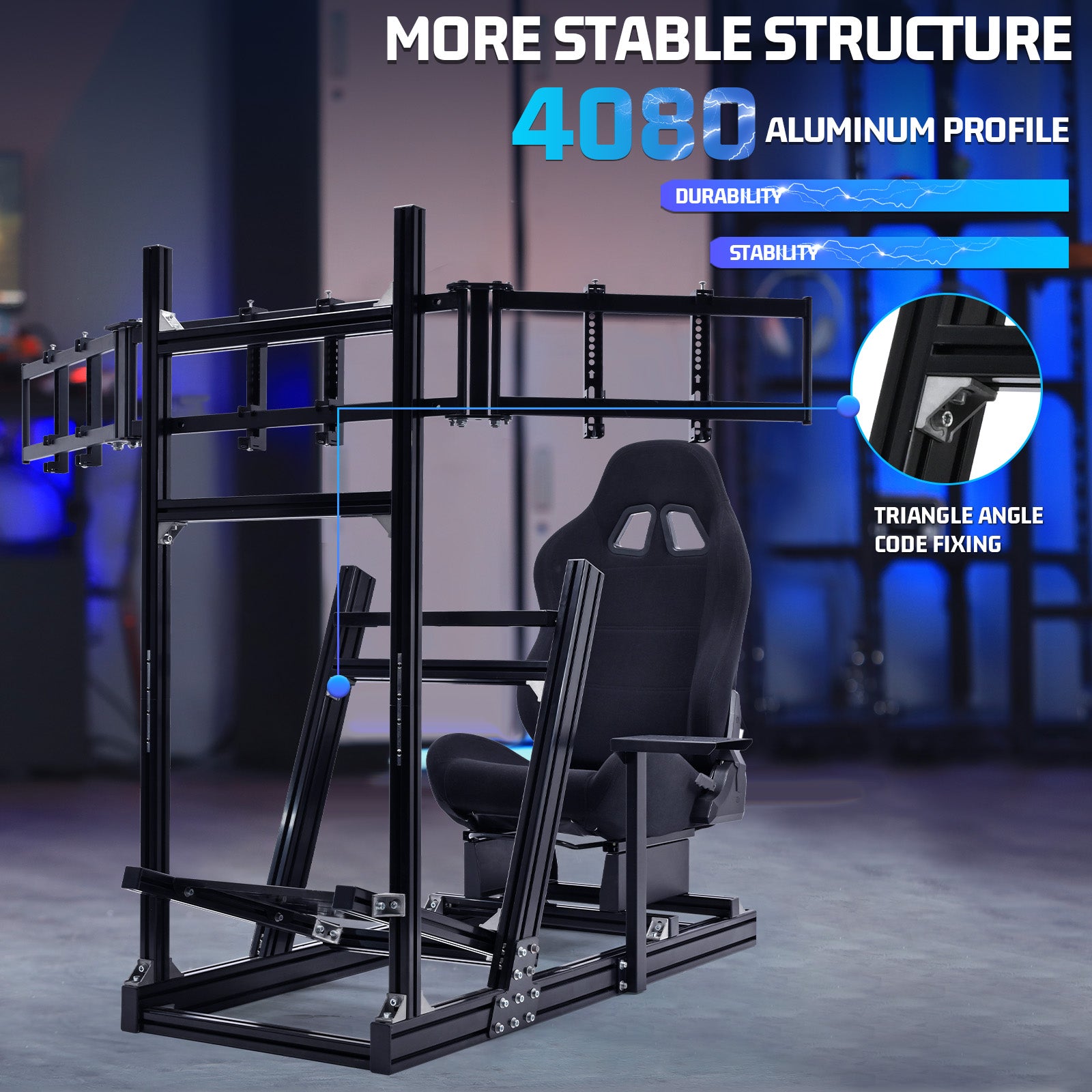 Marada 8040 Triple Screen Sim Rig with Black Racing Seat – Adjustable Cockpit Compatible with Logitech, Thrustmaster, Fanatec & Moza Wheels