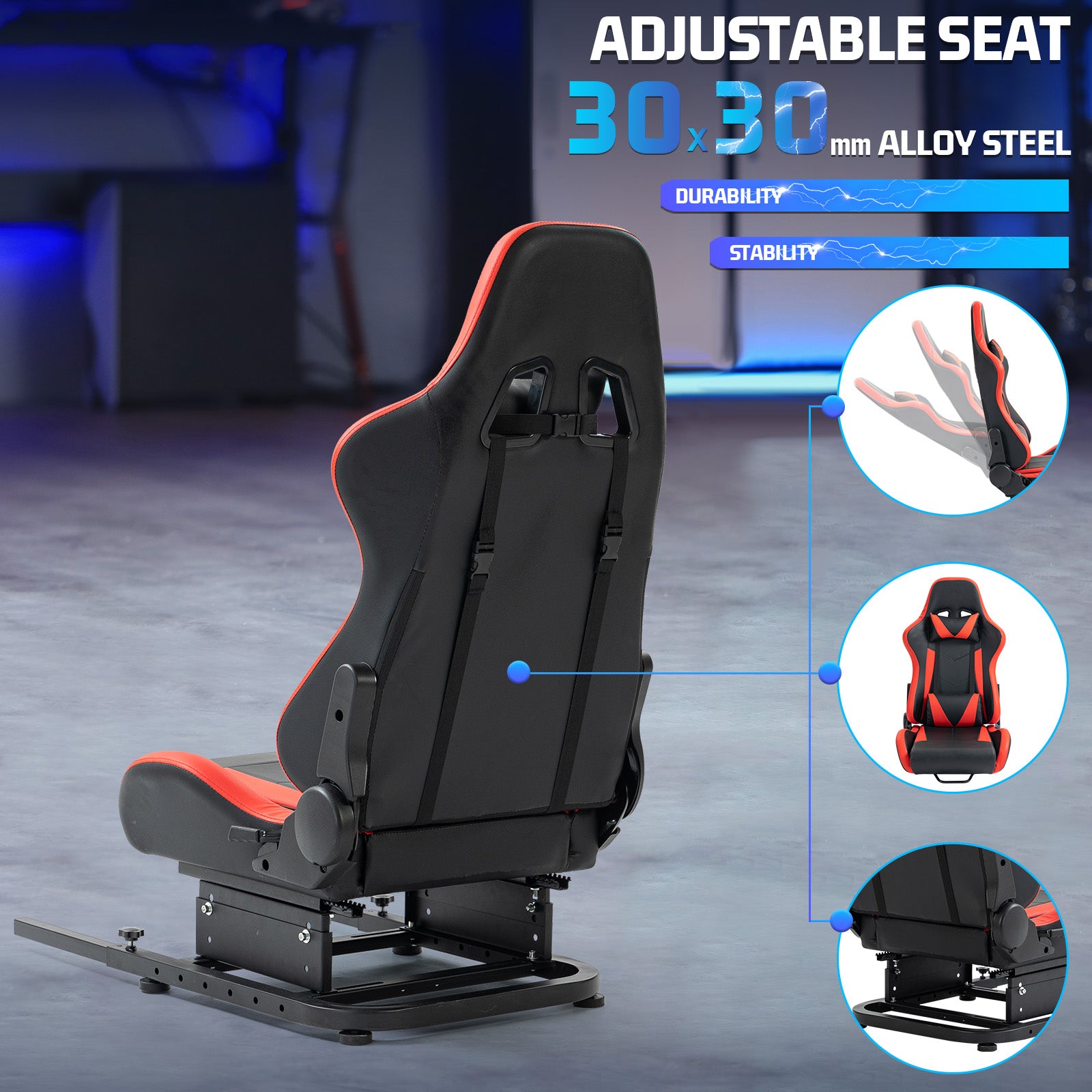 Marada Adjustable Racing Simulator Cockpit Rear Seat Frame - Expandable Design with DIY Support & Included Ergonomic Red Racing Seat