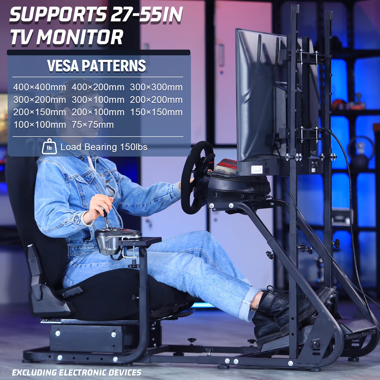 Marada Racing Cockpit Frame with TV Stand, Gear Mount, Black Seat Compatible with G923, G920, T500, FANTEC，T3PA, TGT Height Adjustable Wheel and Pedals Not Included Racing Cockpit Full Kit