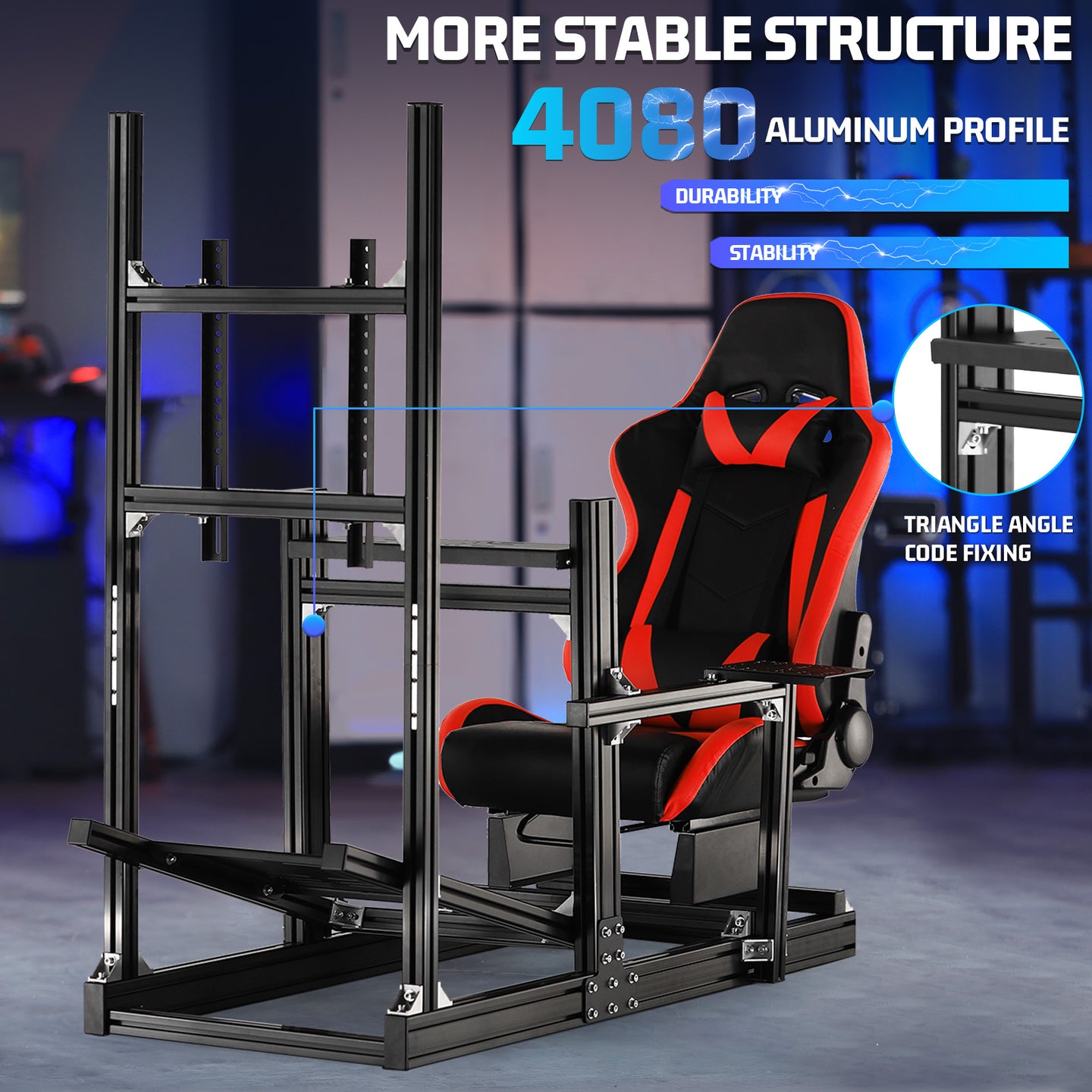 Marada 4080 Series Aluminum Cockpit with Single Monitor Mount and Red Seat Designed for Logitech Thrustmaster Fanatec Wheel Bases